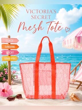 NWT Victoria’s Secret 2026 Logo Mesh Beach Tote Coral Orange/Red Vacation Travel